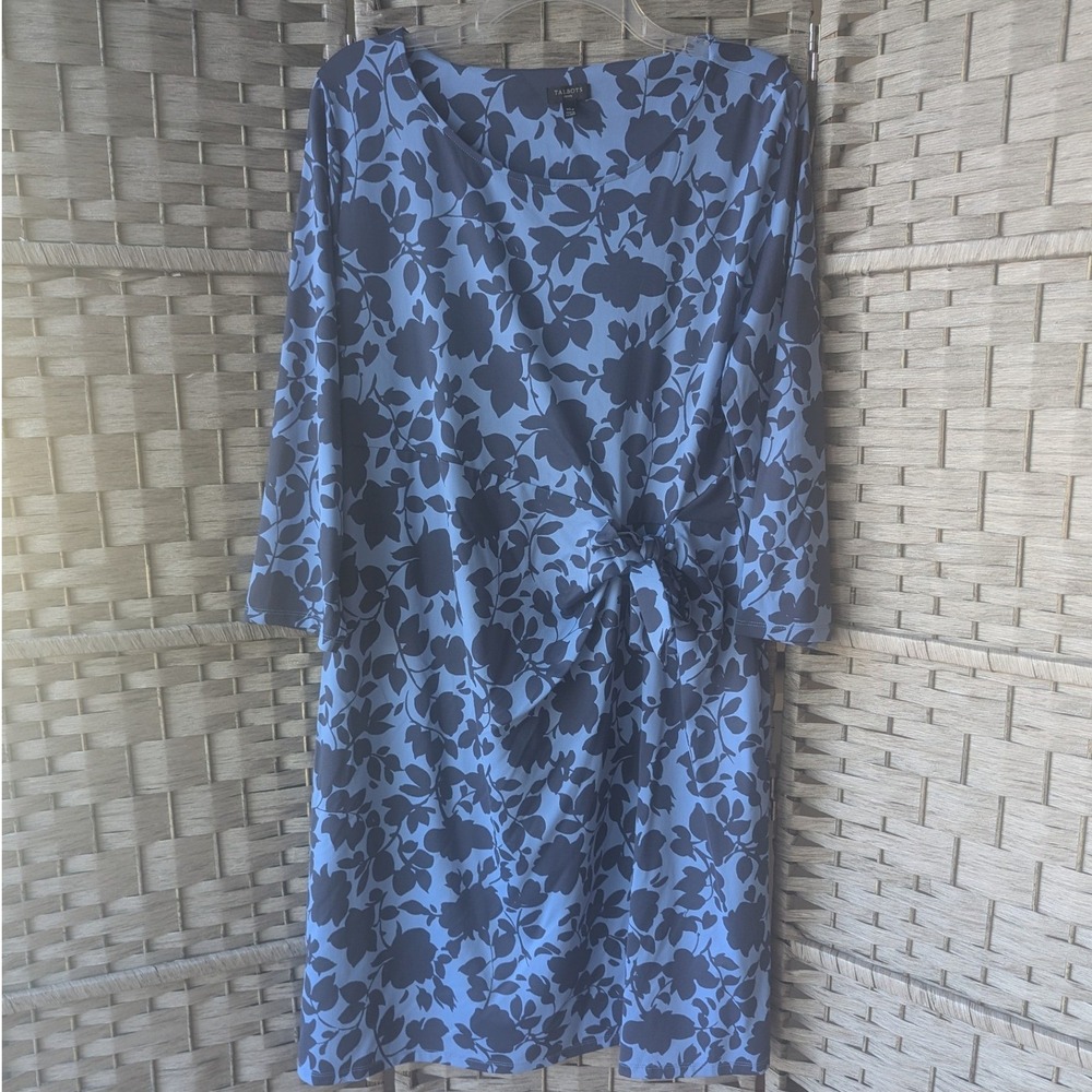 Talbots Sheath Dress Blue Floral Midi Side Knot Stretch 3/4 Sleeve XLP Preppy‎